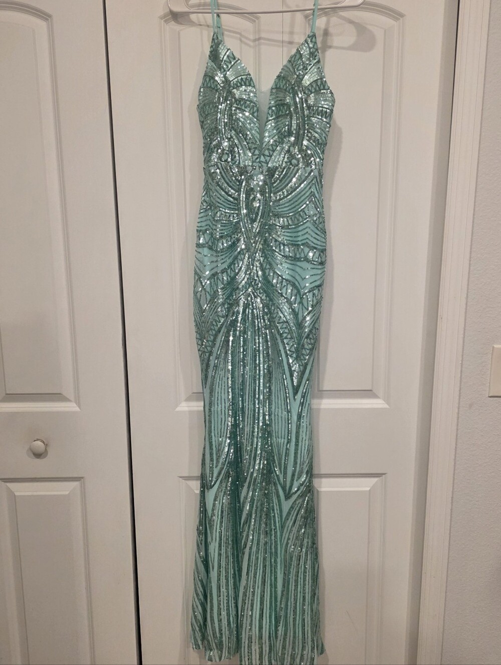Mint Green, Geo Print, Sleeveless, Beaded Draped Back, Sequined Mermai…CUSTOM - Picture 15 of 16